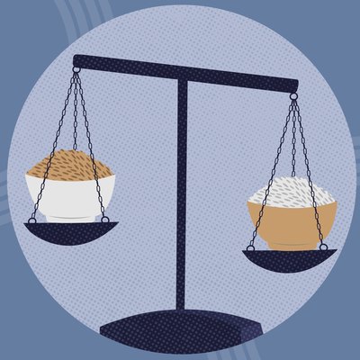 concept illustration of weighing health benefits of white rice and brown rice