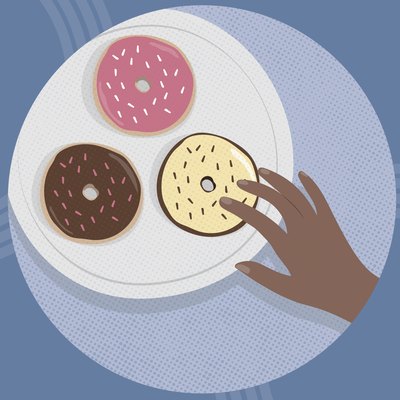 concept illustration of sugar cravings with hand reaching for donuts