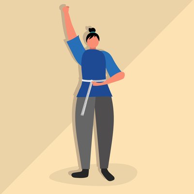 Illustration of a woman who went through a weight-loss transformation holding a measuring tape around her waist and celebrating