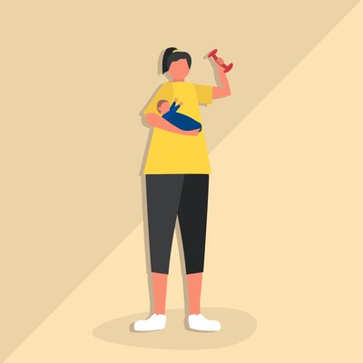 Illustration of postpartum weight-loss featuring a mom holding a baby and a dumbbell