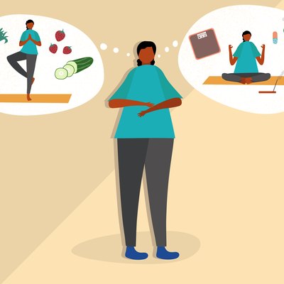 Illustration of a woman with irritable bowel syndrome thinking about potential treatments for IBS