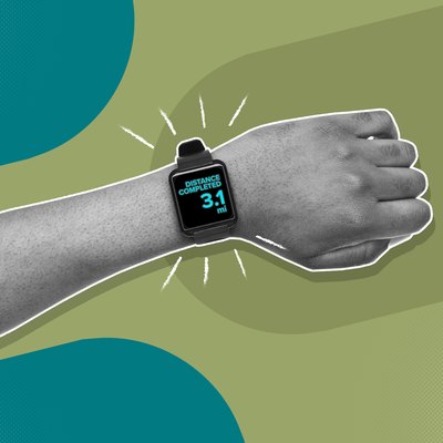 illustration of a wrist with a fitness tracker showing 5K or 3.1 miles completed