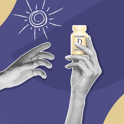 Custom graphic showing vitamin D bottle, hands and sun