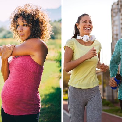 Pregnant woman in pink workout clothes and couple running in bright activewear