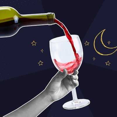 Mixed media graphic of wine poured into glass