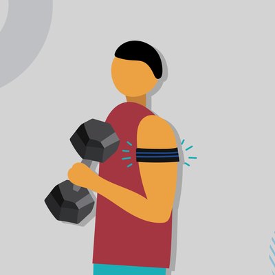 Graphic depicting a man working out, lifting weights while doing blood flow restriction training