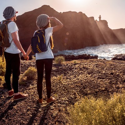 Young couple traveling nature on a staycation