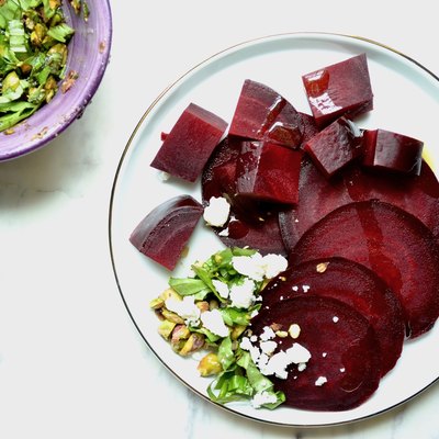 Slow-Roasted Beets With Basil Pistachio Pesto
