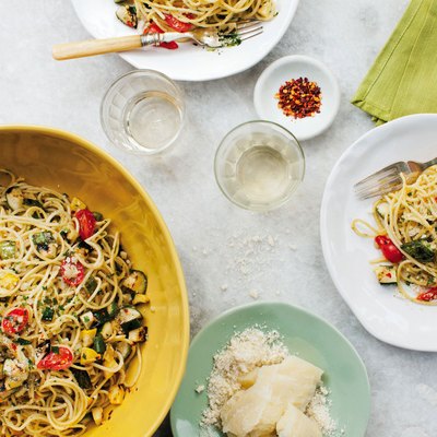 Overhead flat lay of pasta dinner displaying portion size