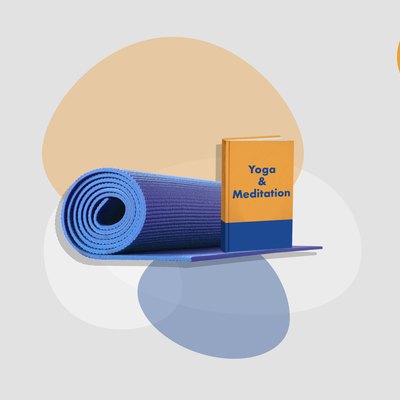 yoga mat with orange yoga and meditation book on gray background with colorful shapes