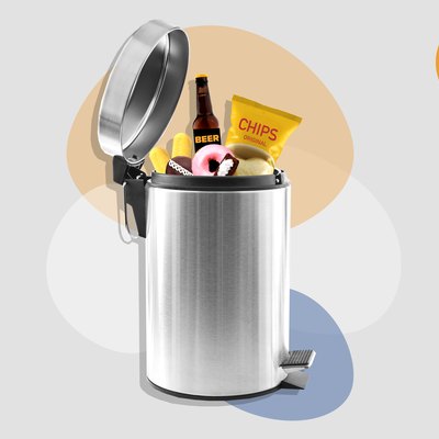 mixed media image of soda and processed foods in silver trash can