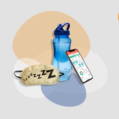water bottle and eye mask for sleep with smartphone showing MyPlate app on gray background with colorful shapes