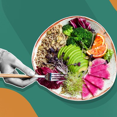 Custom mixed media image showing hand with bowl of colorful salad