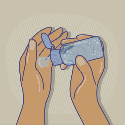 Squeezing hand sanitizer on hands.