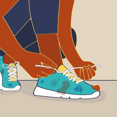 illustration of runner tying laces of old running shoe with hole and scuff marks