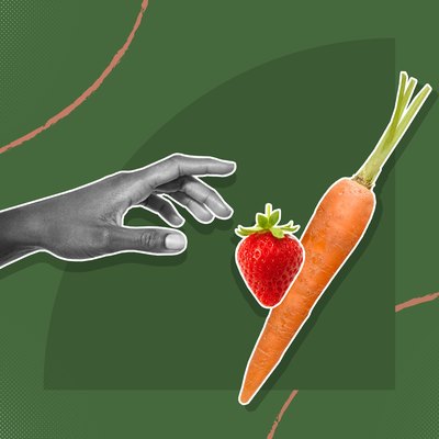 Custom graphic showing hand reaching for a strawberry and carrot