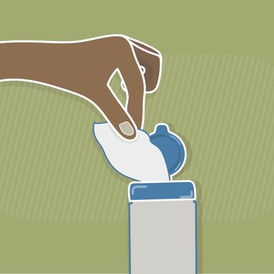 Person grabbing disinfectant wipe from container.