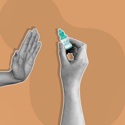 conceptual illustration depicting hand saying 'no' to green bottle of artificial tears