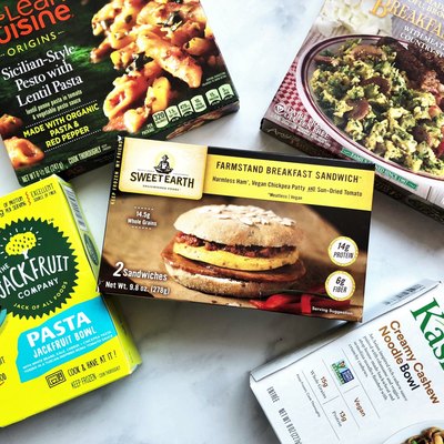 A selection of frozen entrees featuring plant-based protein.