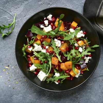 Pumpkin salad with beetroot, arugula and feta cheese