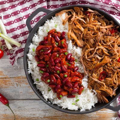 pulled pork with long-grain basmati rice and red bean