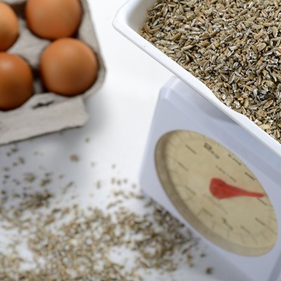 Food scale with crushed rye and eggs