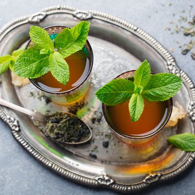 Mint tea, Moroccan traditional drink in glass. Top view.
