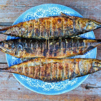 Grilled mackerel on blue plate