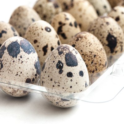 quail eggs alignment in a plastic box on white background
