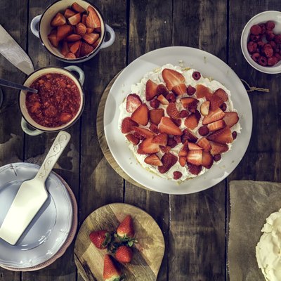 No bake desserts Berry Pavlova Cake with Strawberries and Raspberries