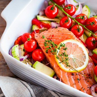 Mediterranean diet meal plan with fresh delicious salmon and vegetables