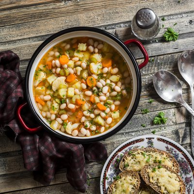 Vegetarian vegetable bean soup and parmesan cheese toasts