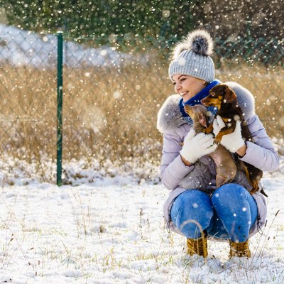 Woman playing with dogs during winter