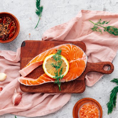 Salmon with lemon and pepper. Top view