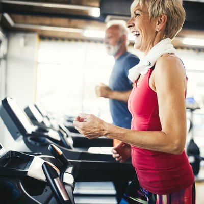 Senior people walking on the treadmill at fitness gym club for 40 minutes