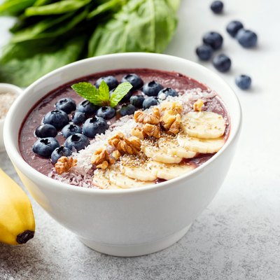Acai smoothie bowl, superfood vegan breakfast