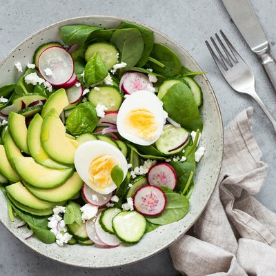 Healthy salad bowl table top view
