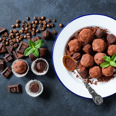 Homemade dark chocolate truffles rolled in cocoa powder