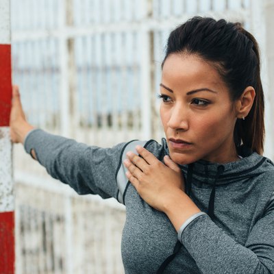 Fitness woman chest stretching workout