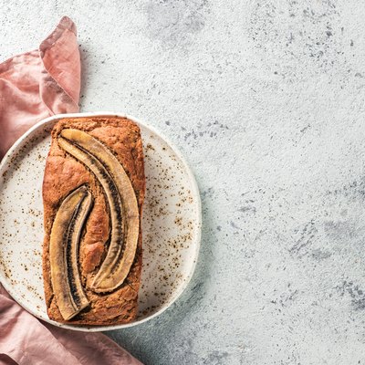 Low-fat banana bread, copy space, top view