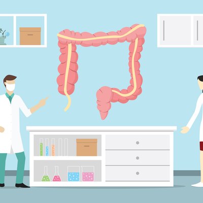 Illustration of a human colon in a laboratory with doctors after colonoscopy
