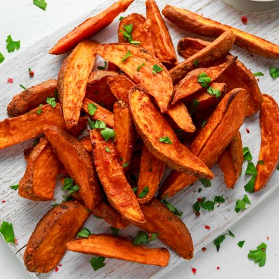 Healthy Homemade Baked Orange Sweet Potato wedges with fresh cream dip sauce, herbs, salt and pepper