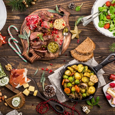 Holiday themed dinner table for trader joe's holiday items