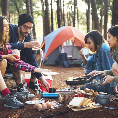 Friends camping in the forest