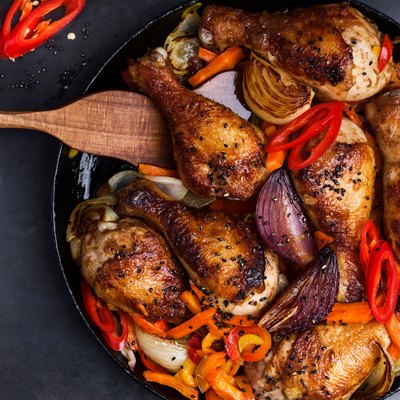 Roasted chile miso chicken drumsticks with bell pepper