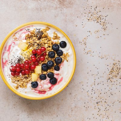 Granola with fresh fruits, chia and sesame seeds served in a bowl