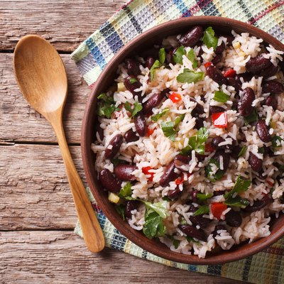 Rice with red beans and vegetables. horizontal top view