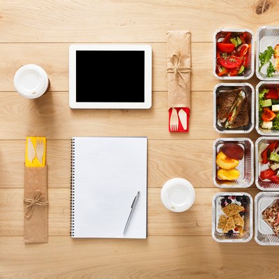 how to meal plan healthy food take away in boxes, top view at wood