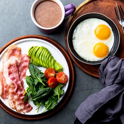 Ketogenic diet breakfast. fried egg, bacon and avocado, spinach and bulletproof coffee. Low carb high fat breakfast