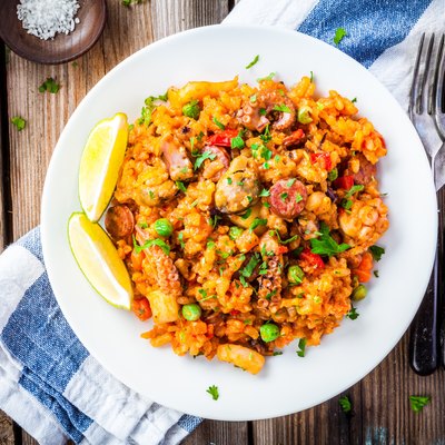 Paella with seafood and chorizo sausages